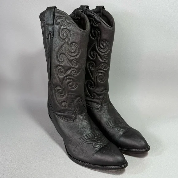 Vintage Zodiac Black Leather Heeled Cowgirl Boots - Picture 2 of 14